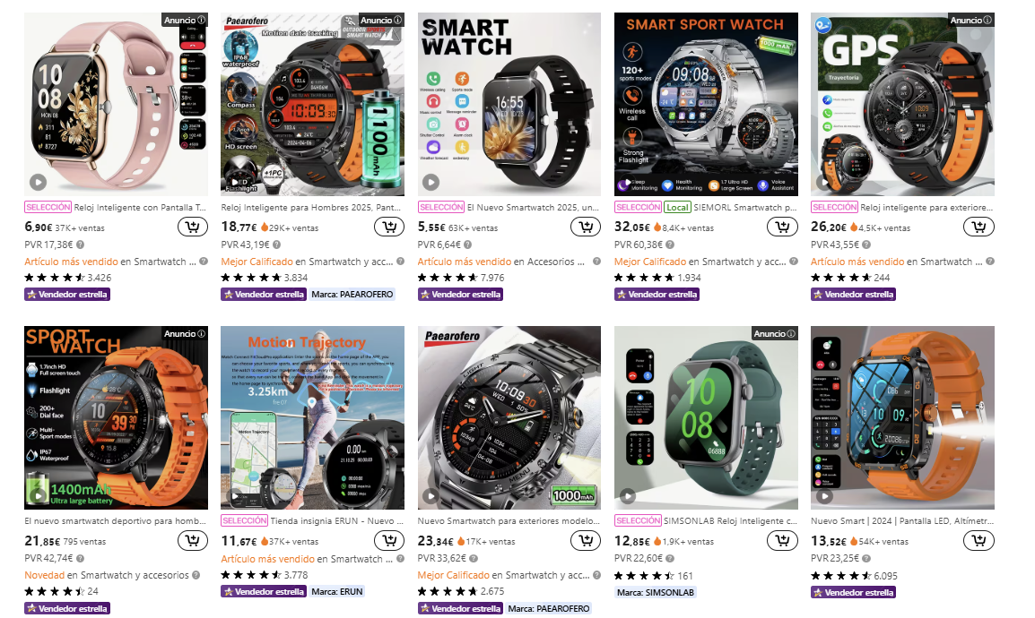 Modelos de Smartwatch de Temu.