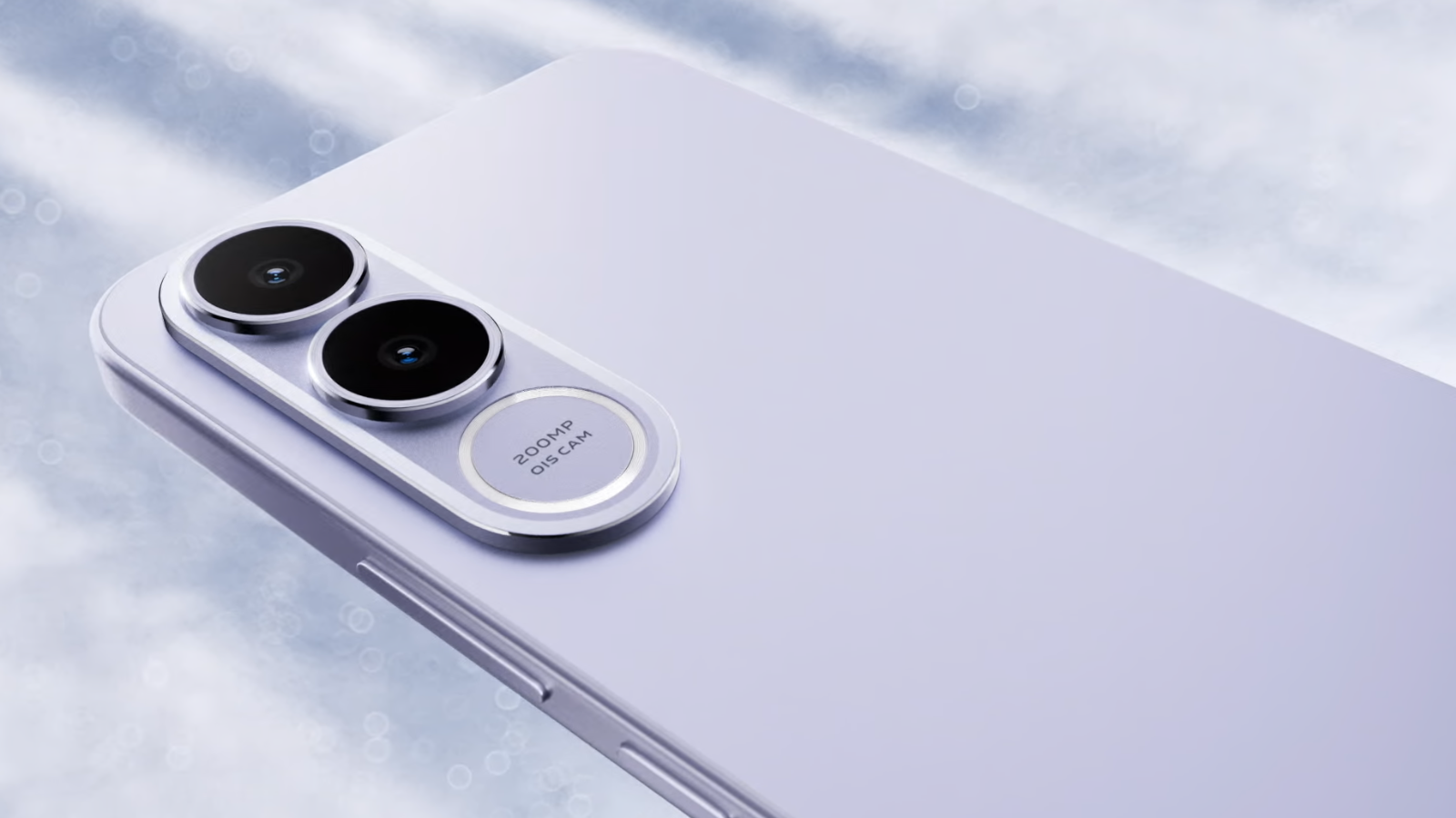 Primer plano del módulo de cámaras del vivo V70 FE en color lavanda con dos lentes y flash circular.