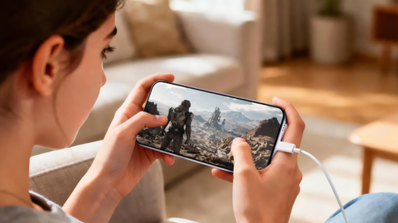 Primer plano de una persona sosteniendo el vivo V70 FE en horizontal mientras juega y lo mantiene conectado al cable de carga.
