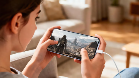 Primer plano de una persona sosteniendo el vivo V70 FE en horizontal mientras juega y lo mantiene conectado al cable de carga.