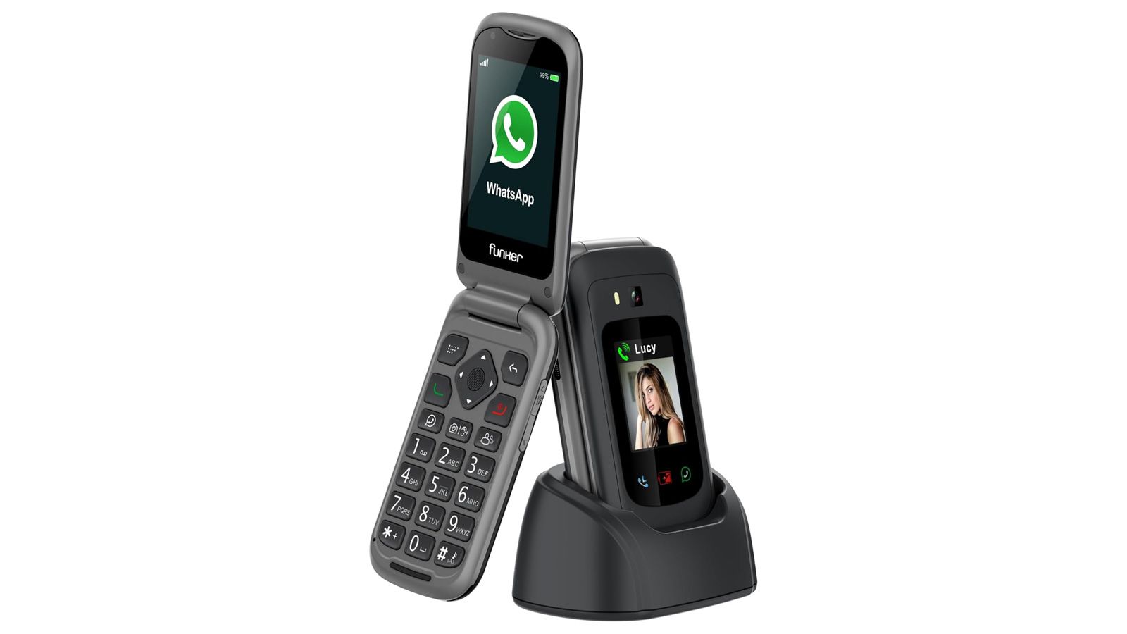 Teléfono de tapa Funker E480 con teclado físico y base de carga mostrando la aplicación WhatsApp en pantalla.