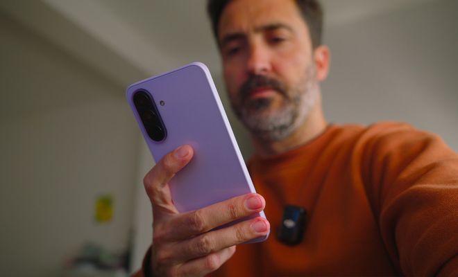 Primer plano de la parte trasera del Samsung Galaxy A37 en color violeta sostenido por un hombre.