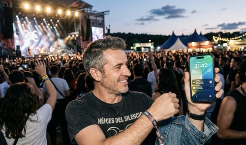 Hombre en un festival con el móvil en la mano