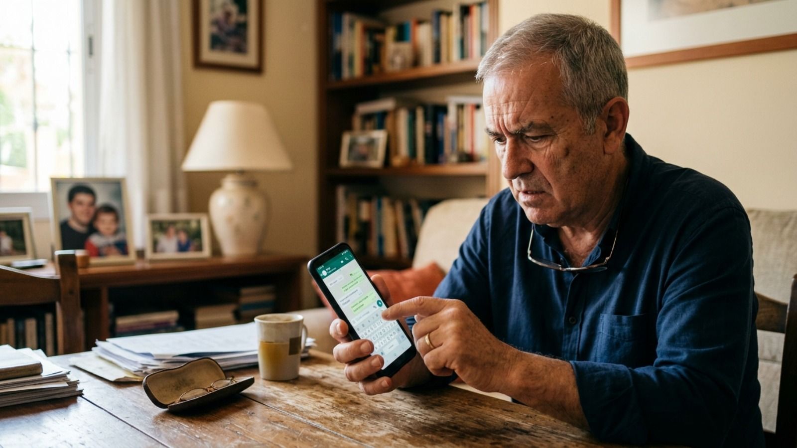 Hombre mayor usando WhatsApp confundido.