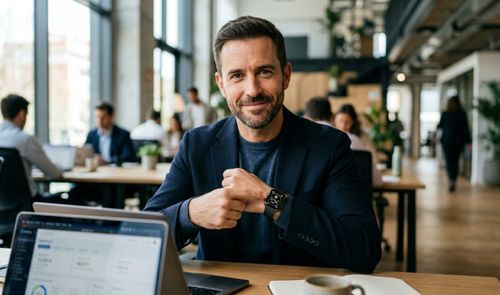 Hombre señalando a su smartwatch en una oficina