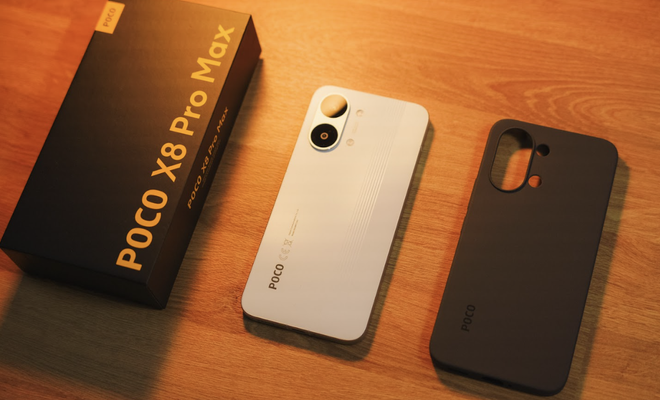 Parte trasera del teléfono POCO X8 Pro Max en color blanco junto a su caja y una funda protectora negra sobre una mesa de madera.