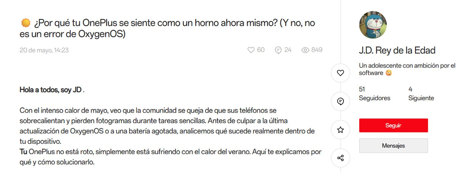 Post en la Comunidad OnePlus sobre la temperatura de los móviles