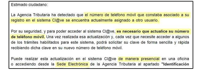 Mensaje informativo de la Agencia Tributaria sobre la necesidad de actualizar el número de teléfono móvil vinculado al sistema Cl@ve.