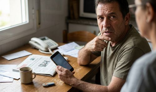 Hombre con expresión de preocupación mirando un teléfono móvil mientras revisa documentos en su domicilio.