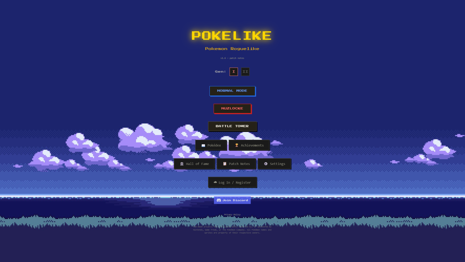 Interfaz del menú principal de Pokelike en un navegador web con fondo pixelado de nubes.