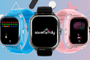 Tres relojes inteligentes infantiles SaveFamily en colores azul, negro y rosa con diferentes interfaces en sus pantallas sobre un fondo grafico.