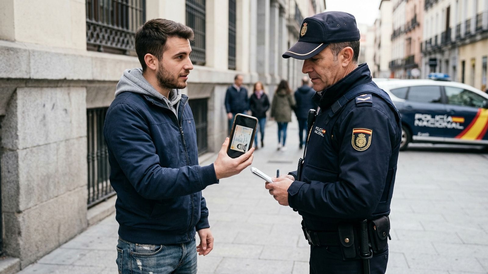 Hombre mostrando una foto del DNI a la Policia Nacional