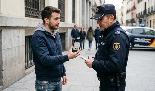 Hombre mostrando una foto del DNI a la Policia Nacional