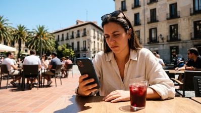 Mujer usando el móvil en verano.