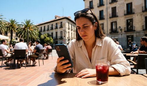 Mujer usando el móvil en verano.