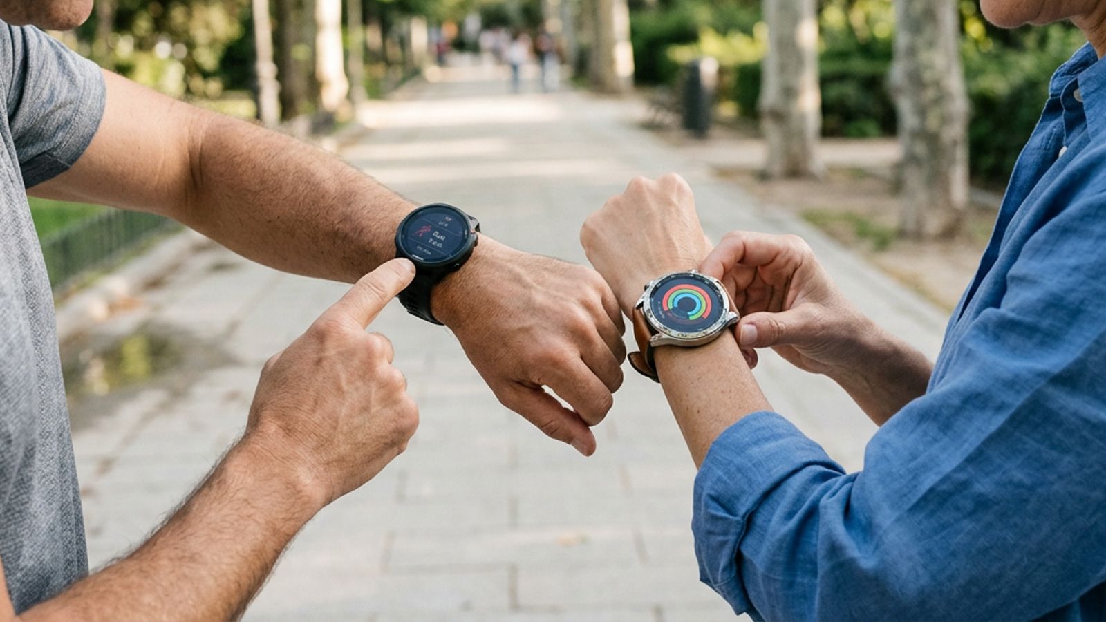 Primer plano de dos personas consultando sus relojes inteligentes Garmin y Huawei en un parque.