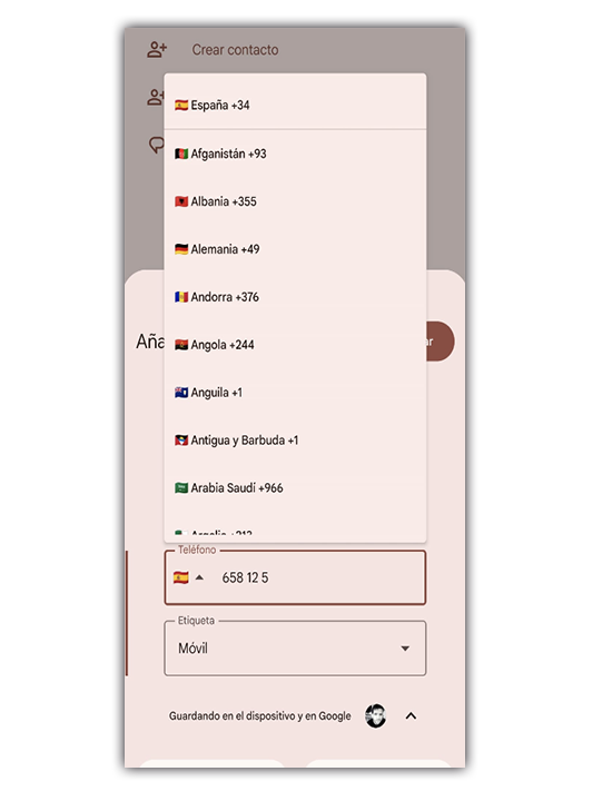 Prefijo español en la app de contactos.