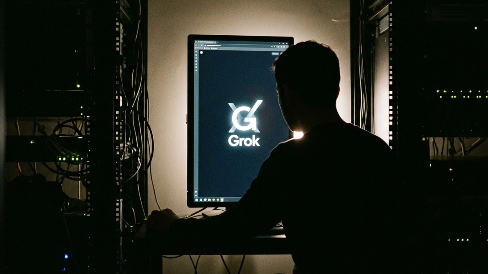 Persona a contraluz frente a un monitor vertical con el logotipo de Grok en una sala de servidores.