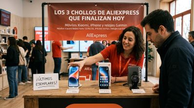 Vendedora mostrando moviles Xiaomi, iPhone y reloj Garmin en AliExpress