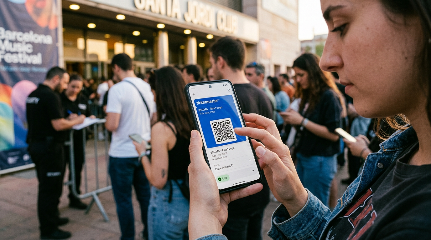 Usuario muestra una entrada digital de Ticketmaster en la aplicación Google Wallet mediante un código QR frente al acceso de un recinto de conciertos.