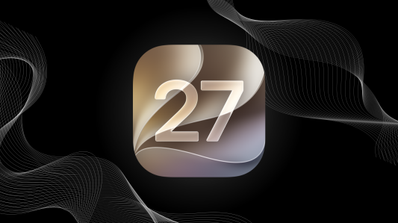 Icono de iOS 27 con el número veintisiete sobre un fondo de ondas abstractas.