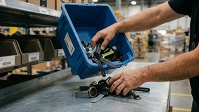 Operario vaciando una caja azul con varios relojes inteligentes Garmin en una mesa de trabajo de un almacén logístico.
