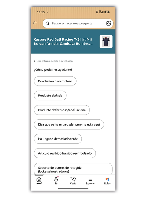 Interfaz de la aplicación móvil de Amazon mostrando las opciones de atención al cliente para solicitar una llamada telefónica o buscar artículos de ayuda.