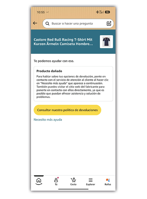 Interfaz de la aplicación de Amazon en un teléfono móvil mostrando la sección de atención al cliente para un producto dañado, con opciones para consultar la política de devoluciones.