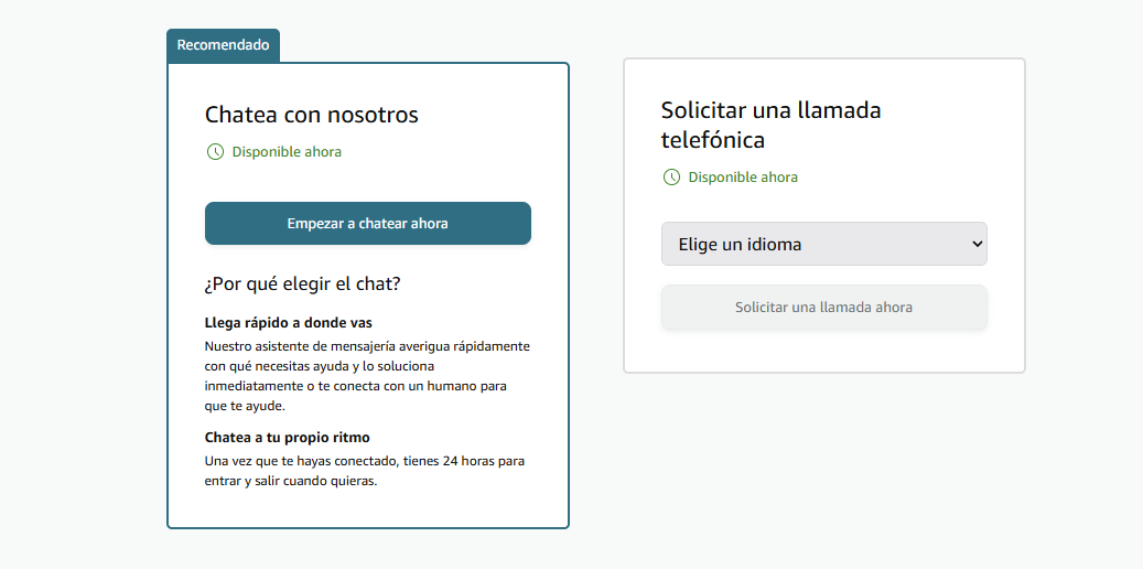 Captura de pantalla de la interfaz de atención al cliente de Amazon con opciones para iniciar un chat en vivo o solicitar una llamada telefónica.