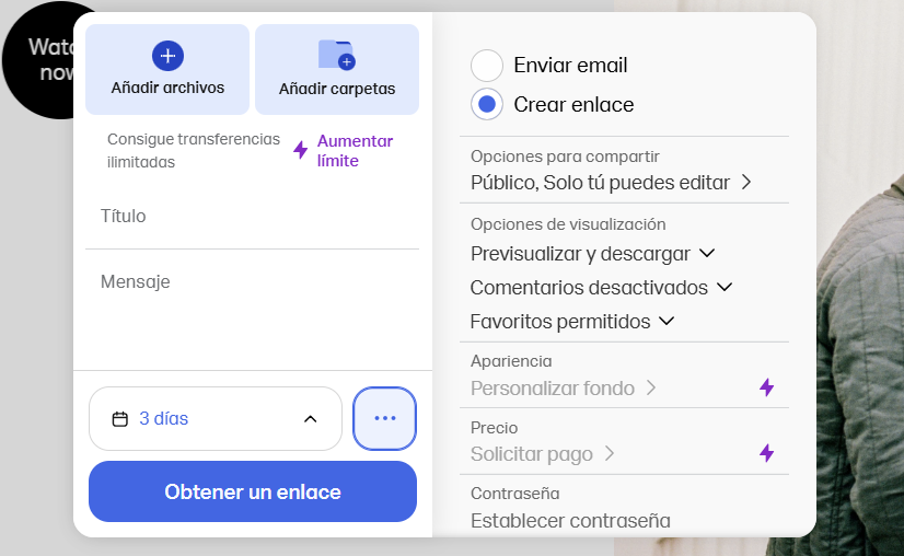 Interfaz de WeTransfer con opciones para añadir archivos, carpetas y configurar el envío mediante enlace.