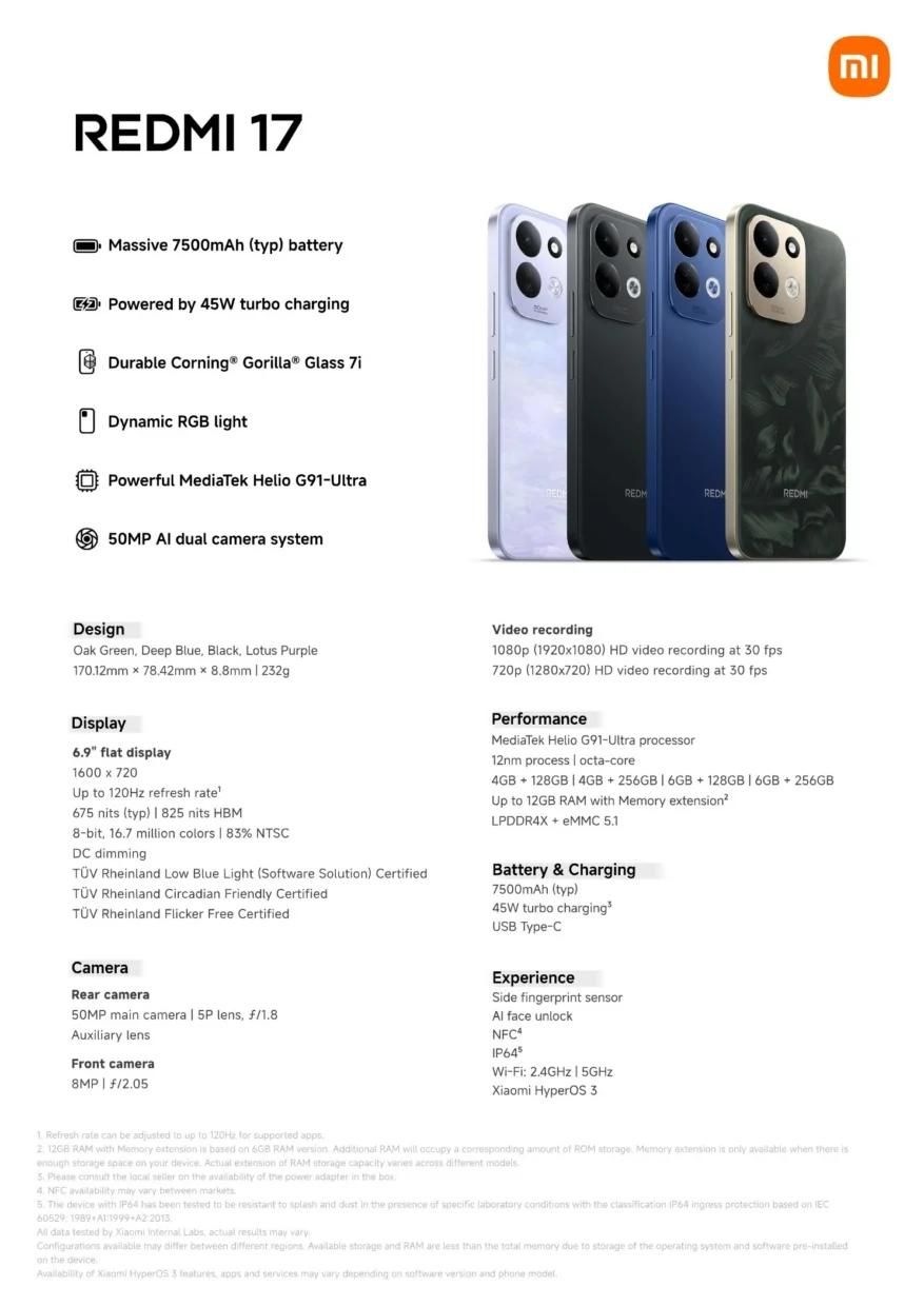 Ficha técnica del smartphone Redmi 17 que detalla su procesador MediaTek Helio G91-Ultra, batería de 5030 mAh y cámara de 50 MP, junto a una imagen del dispositivo en cuatro colores.