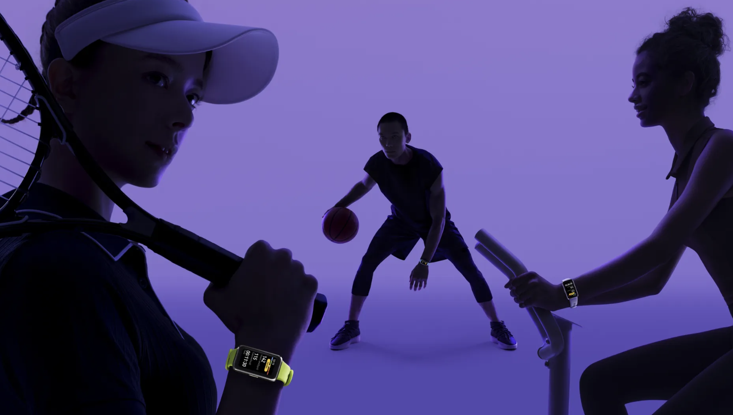 Varias personas realizando deportes de tenis, baloncesto y remo con la pulsera inteligente Huawei Band 10.