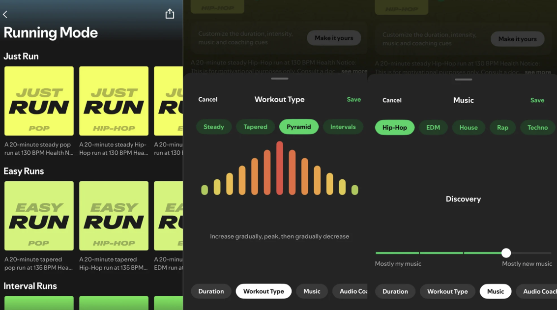 Interfaz de la aplicación Spotify mostrando el menú de Running Mode con opciones de entrenamiento y selección de géneros musicales.