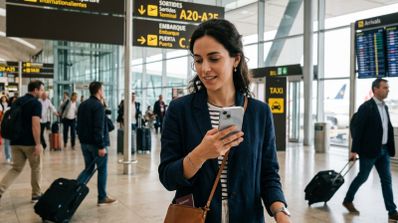 Mujer en el aeropuerto con el móvil