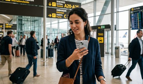Mujer en el aeropuerto con el móvil