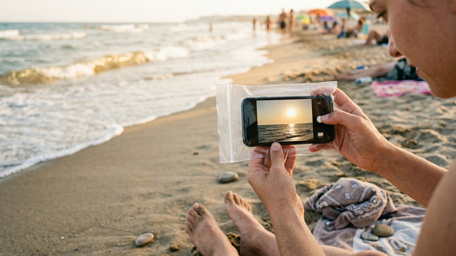 Mujer haciendo una foto al sol en la playa