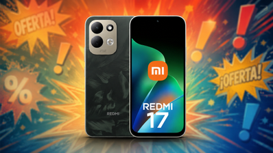 Vista frontal y trasera del smartphone Redmi 17 sobre un fondo ilustrado con carteles de oferta.