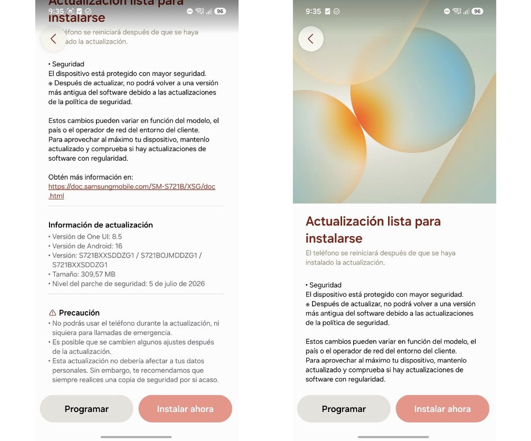 Captura de pantalla de la interfaz de actualización de software de Samsung One UI con el parche de seguridad de julio de 2026.