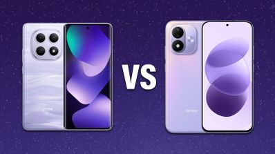 Comparativa trasera y frontal de dos teléfonos móviles Redmi Note 15 y Redmi Note 17 en color violeta con diferentes módulos de cámara sobre un fondo granulado púrpura.