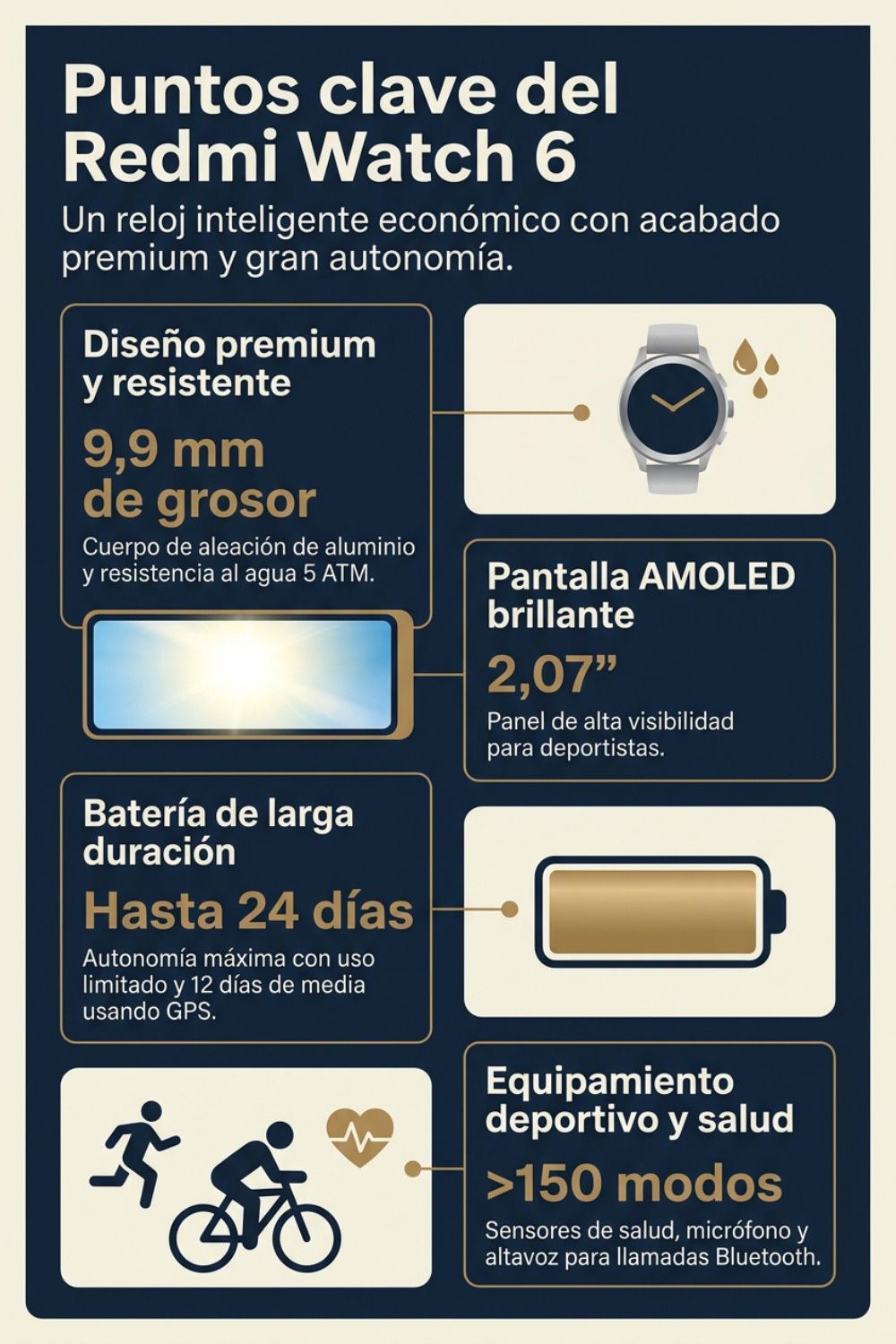 Infografía con los puntos clave del Redmi Watch 6 destacando su diseño de 9,9 mm, pantalla AMOLED de 2,07 pulgadas, batería de hasta 24 días y más de 150 modos deportivos.