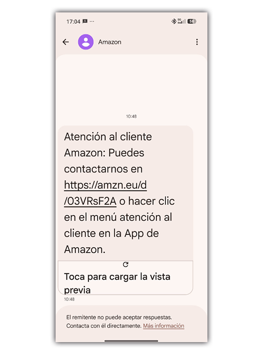 Captura de pantalla de un teléfono móvil mostrando un mensaje de texto SMS de Amazon con un enlace de atención al cliente y opciones de contacto.