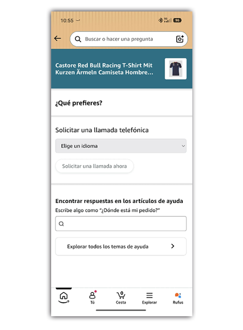 Interfaz de la aplicación móvil de Amazon mostrando las opciones de atención al cliente para solicitar una llamada telefónica o buscar artículos de ayuda.
