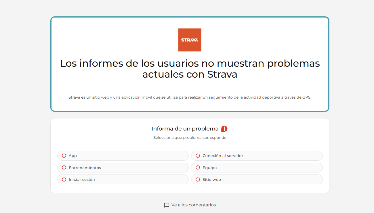 Interfaz de la plataforma Downdetector indicando que no hay problemas actuales con el servicio de Strava.