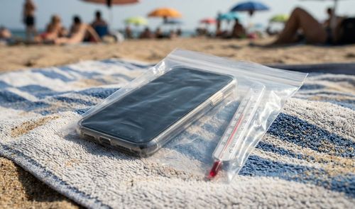 Telefono movil dentro de una bolsa en la playa