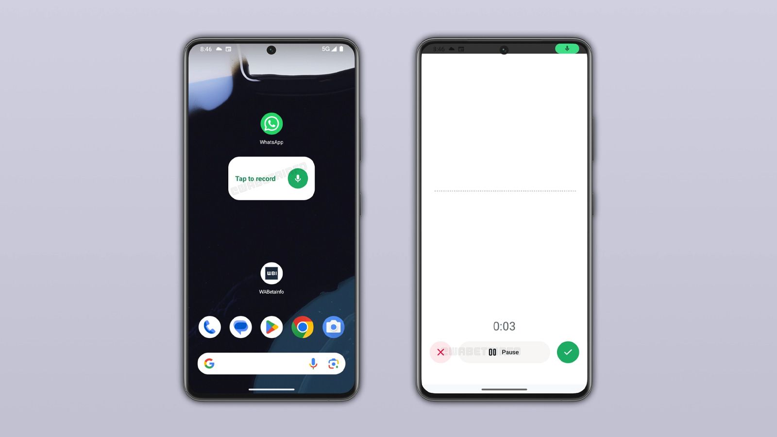 Interfaz de dos teléfonos móviles mostrando el widget de notas de voz de WhatsApp en la pantalla de inicio y el grabador activo.