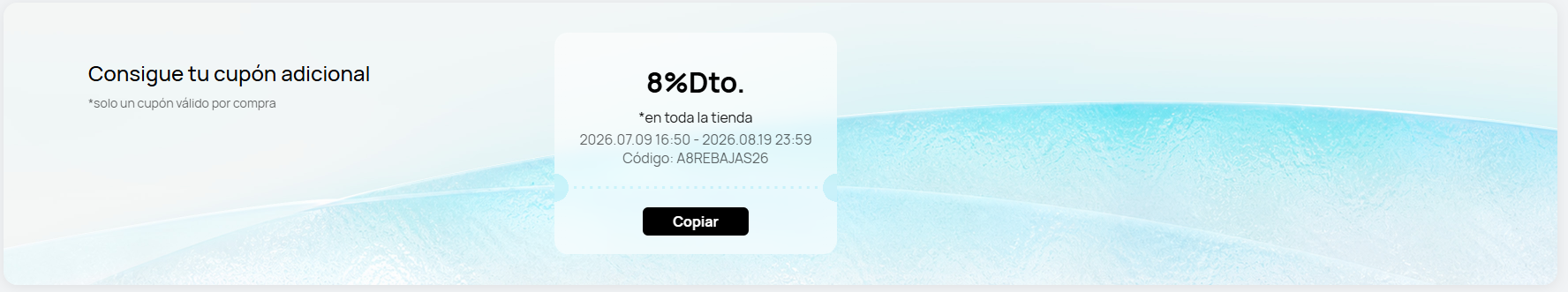 Cupón de descuento del 8% para la tienda de Huawei con código promocional y botón de copiar.