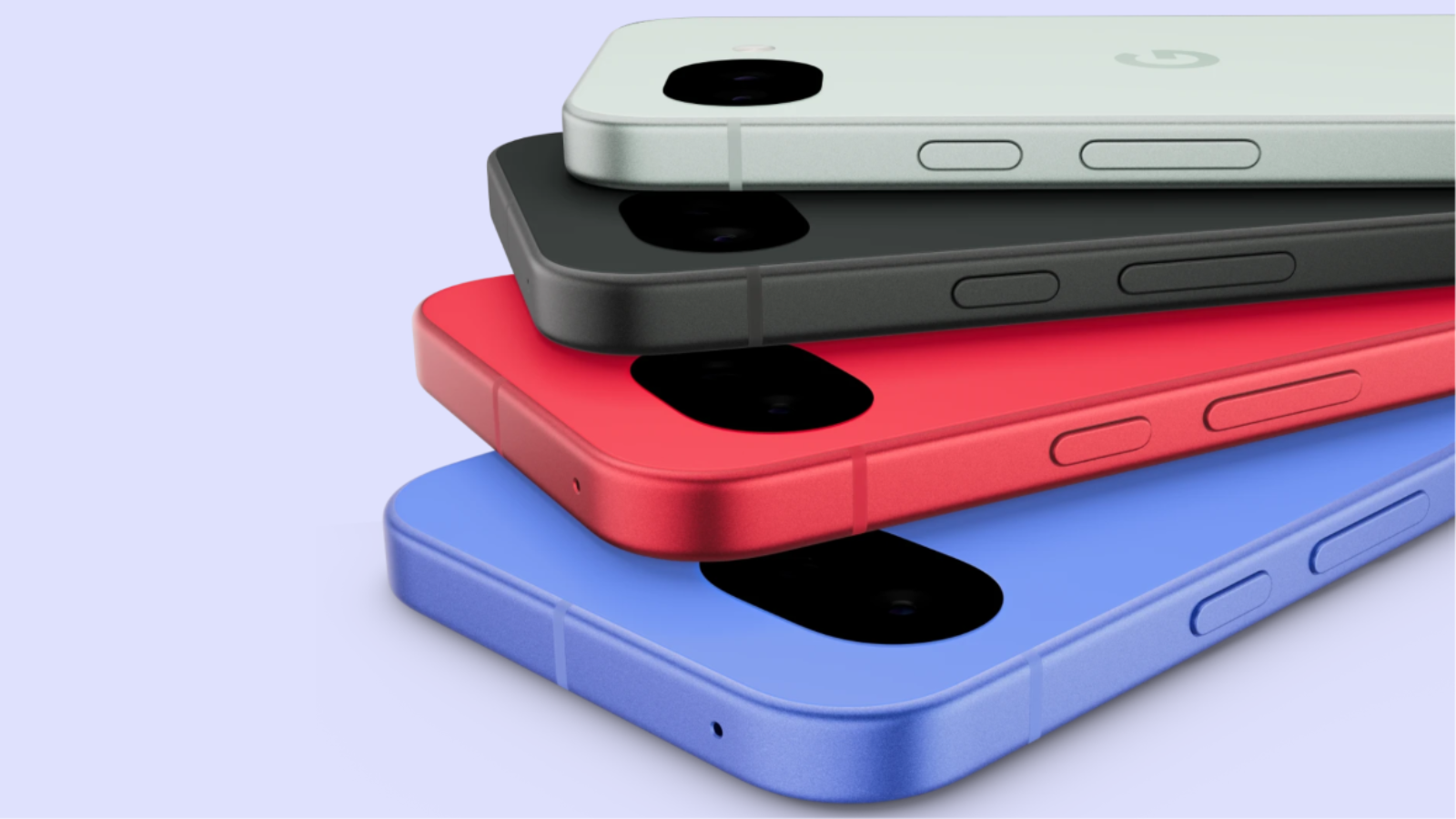 Cuatro unidades del smartphone Google Pixel 10a apiladas mostrando sus diferentes acabados en verde claro, negro, rojo y azul.