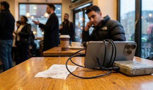 iPhone Pro conectado a una batería externa mediante un cable USB-C sobre una mesa de madera en una cafetería.