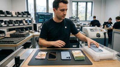 Técnico de Apple en un taller de reciclaje con iPhones y fajos de billetes de euro sobre la mesa.