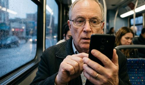 Hombre mayor con gafas consultando con expresión de duda su teléfono móvil en el interior de un autobús.